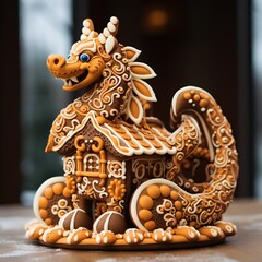 A gingerbread house shaped like a dragon