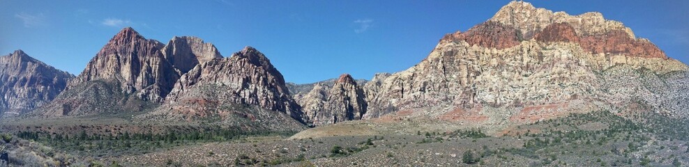 Panoramic of a rocky mountains in the Red Rock canyon national conservation area in daylight