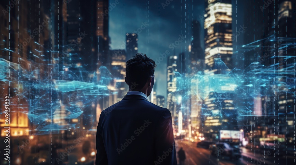 Wall mural business man and the big data wireless 5G connecting, futuristic, technology, city, digital, internet, communication, success, network, innovation, online