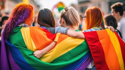 close up Group of young activist for lgbt rights with rainbow flag, lesbian, rainbow, freedom, diversity, bisexual, gay, celebration, community