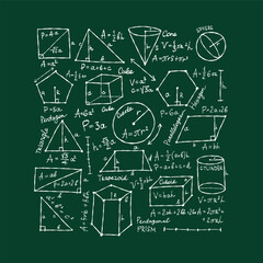 Mathematics and geometry, figures and formulas on dark green background. For school, university and training. Symbols, cheat sheet, mathematics. Hand drawn sketch for your design
