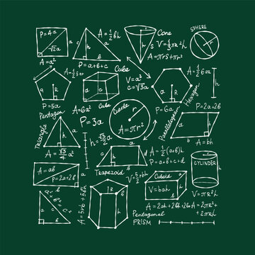 Mathematics and geometry, figures and formulas on dark green background. For school, university and training. Symbols, cheat sheet, mathematics. Hand drawn sketch for your design