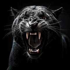Silent Fury: A High Contrast Black and White Image of a Panther with its Mouth Agape