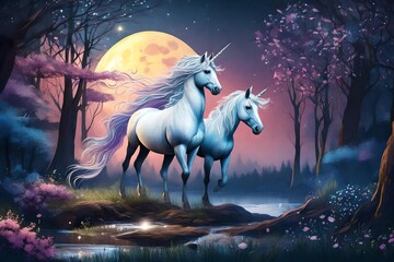Unicorn in the magic forest stand in the moon light