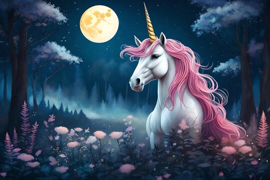 Unicorn in the magic forest stand in the moon light