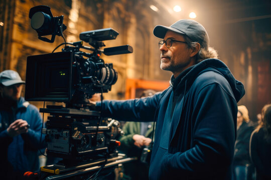 Male film director directing movie scene in a highly equipped studio watching over scenes and making sure they comply with his creative vision
