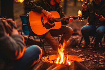 Obraz premium Hands playing guitar around a campfire with friends on a cold autumn evening