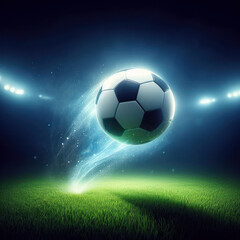 Naklejka premium A soccer ball floats in the middle of the grass with a sparkling effect.