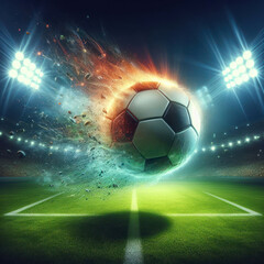 Fototapeta premium A soccer ball floats in the middle of the grass with a sparkling effect.