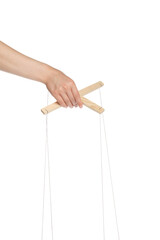 Woman pulling strings of puppet on white background, closeup