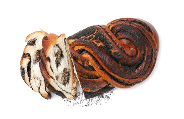 Cut poppy seed roll isolated on white, top view. Tasty cake