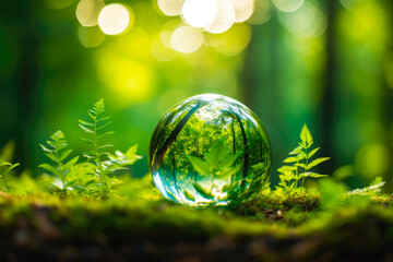 Obraz na płótnie Canvas Glass globe surrounded by verdant forest flora, symbolizing nature, environment, sustainability, ESG, and climate change awareness