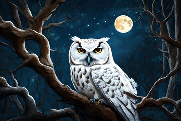 The white owl sit in the tree of moon light before the forest - obrazy, fototapety, plakaty