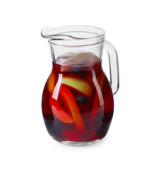 Glass jug of delicious sangria isolated on white