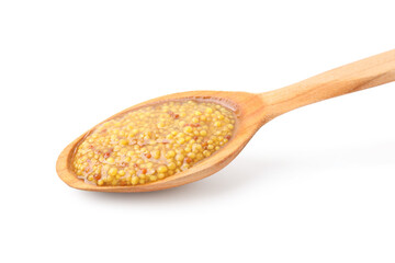 Wooden spoon with delicious whole grain mustard isolated on white