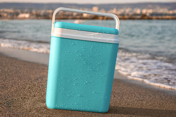 Modern beach cooler on sea shore