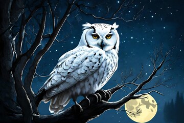 The white owl sit in the tree of moon light before the forest - obrazy, fototapety, plakaty