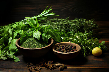 bunch of fresh green herbs. Melissa, rosemary and mint in rustic setting, wooden background. Top view, flat lay. 