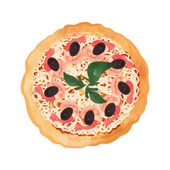Sea pizza with olive shrimp and basil on thick dough. Isolated watercolor illustration on white background for menus and recipes.