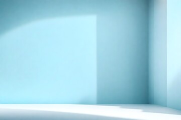 Minimal abstract light blue background for product presentation. Shadow and light from windows on plaster wal