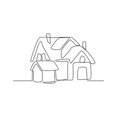 One continuous line drawing of the house is covered in snow and has a chimney vector illustration. Simple house  with chimney day design illustration simple linear style vector concept.