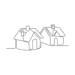 One continuous line drawing of the house is covered in snow and has a chimney vector illustration. Simple house  with chimney day design illustration simple linear style vector concept.