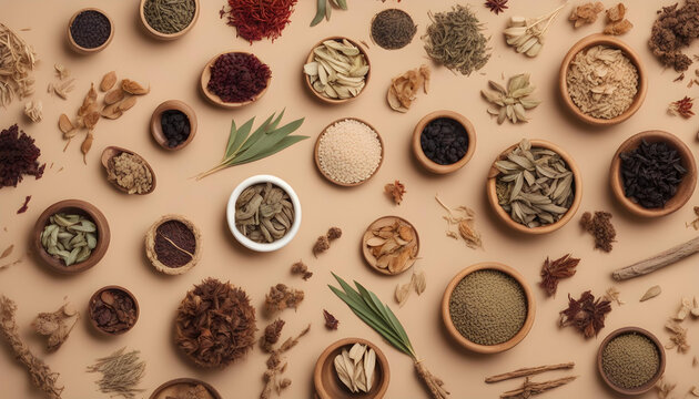 Top view of ancient Chinese herbs on light brown background