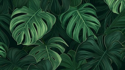 Abstract foliage and botanical background. Green tropical forest wallpaper of monstera leaves, palm...