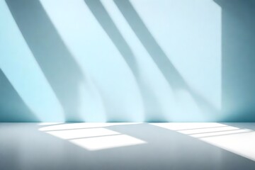 Minimal abstract light blue background for product presentation. Shadow and light from windows on plaster wal