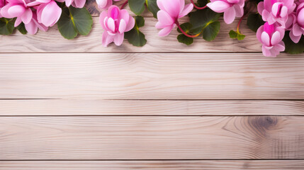 Cyclamen on Wooden Background, Beautiful Flowers,  Winter Floral, Copy Space. Generative AI