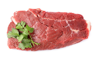 Piece of raw beef meat with parsley isolated on white, top view