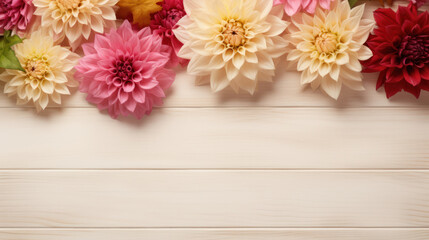 Dahlias on Wooden Background, Beautiful Flowers, Summer Floral, Copy Space. Generative AI