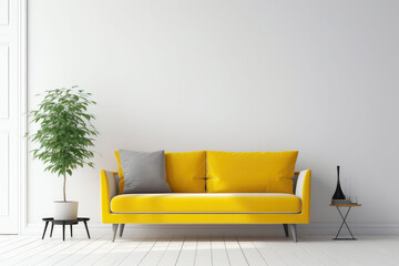 Yellow sofa minimal in living room interior with plant,white wall. 3d render illustration. Generative AI.
