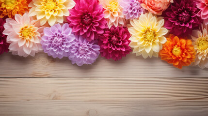 Fototapeta na wymiar Dahlias on Wooden Background, Beautiful Flowers, Summer Floral, Copy Space. Generative AI