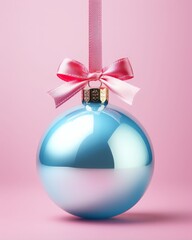 Metallic silver blue Christmas bauble with pink ribbon and bow on pink background. Minimal concept of Christmas celebration and New Year season. Pastel colors