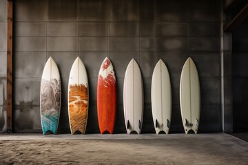 Several surfboards leaning against a wall, water sport concept. Generative AI