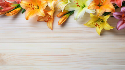 Daylilies on Wooden Background, Beautiful Flowers, Summer Floral, Copy Space. Generative AI