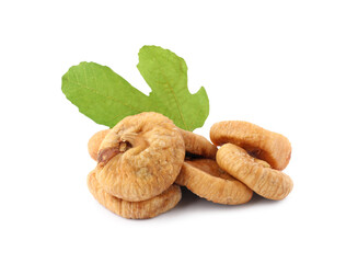 Tasty dried figs and green leaf isolated on white