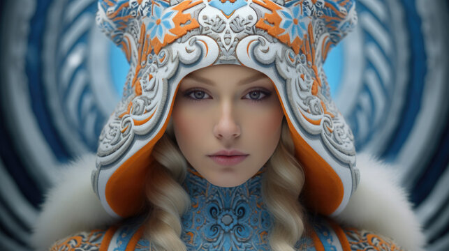 Portrait of a female model dressed in an elaborate orange, white and blue headdress. Carnival or circus worker. Mardi Gras. A woman of royalty.