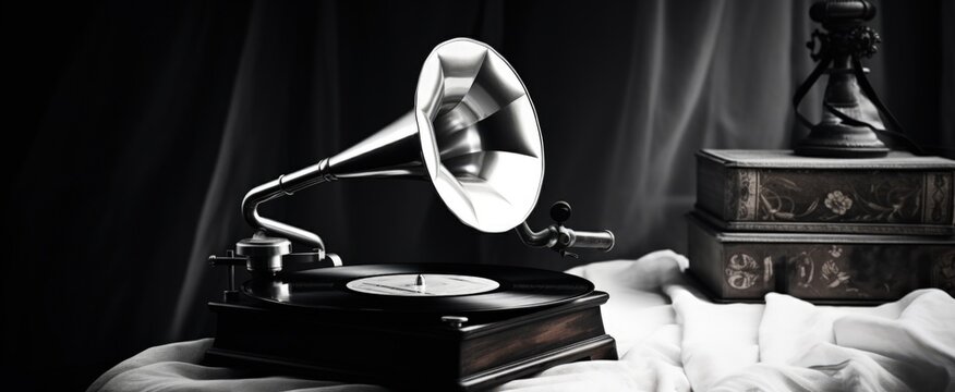 Illustration of a retro gramophone on a wooden table, music concept, black background. Generative AI