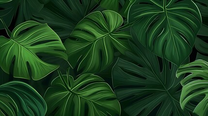 Fototapeta na wymiar Abstract foliage and botanical background. Green tropical forest wallpaper of monstera leaves, palm leaf, branches in hand drawn pattern. Exotic plants background for banner, prints, decor, wall art.