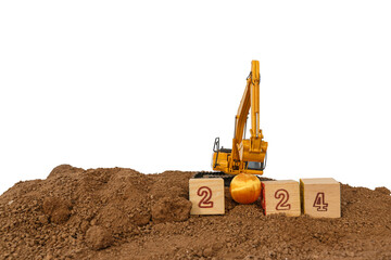 Concept Happy new year 2024,crawler excavator in construction site .on  isolated a white backgrounds