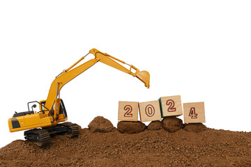 Concept Happy new year 2024,crawler excavator in construction site .on  isolated a white backgrounds