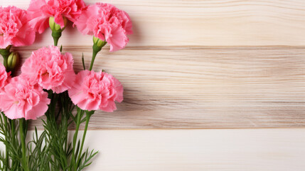 Dianthus (Carnations) on Wooden Background, Beautiful Flowers, Spring Floral, Copy Space. Generative AI