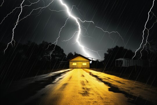 Lightning storm illustration, dark background with a house. Generative AI