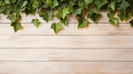 English Ivy on Wooden Background, Beautiful Flowers, Winter Floral, Copy Space. Generative AI