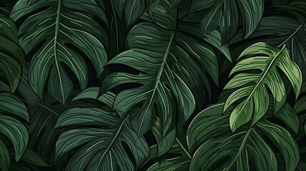 Abstract foliage and botanical background. Green tropical forest wallpaper of monstera leaves, palm leaf, branches in hand drawn pattern. Exotic plants background for banner, prints, decor, wall art. - obrazy, fototapety, plakaty