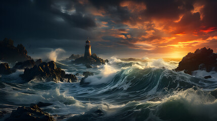 Majestic Stormy Seascape Lighthouse. generative ai. - obrazy, fototapety, plakaty