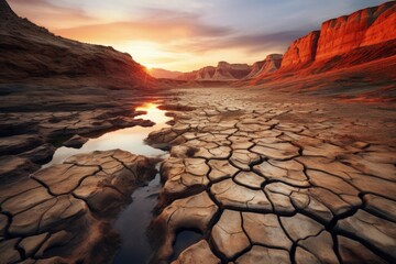 Dry desert with cracked soil, desert drought concept. Generative AI - obrazy, fototapety, plakaty