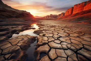 Fotobehang Dry desert with cracked soil, desert drought concept. Generative AI © Deivison